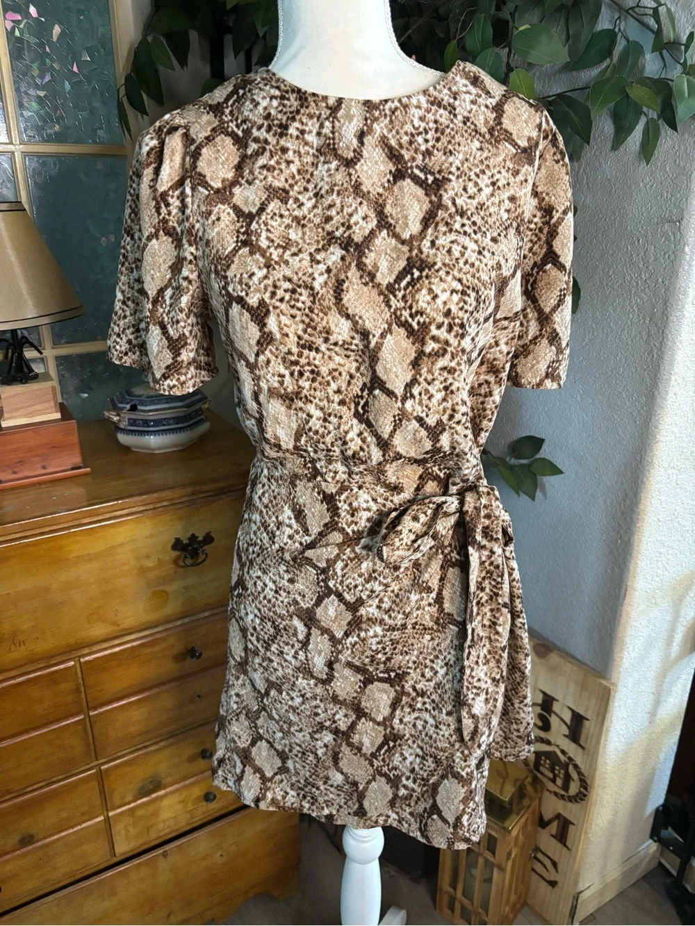 Blu Pepper Brown & Beige Snake-Print Tie-Waist Mini Dress